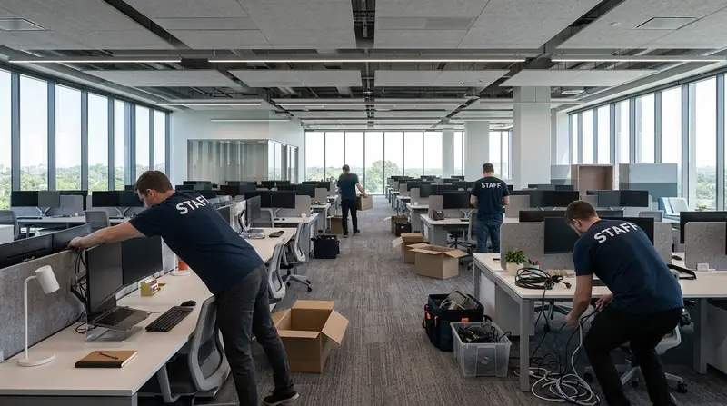 Équipe en train de déconnecter et reconnecter des postes informatiques sur un plateau de bureaux
